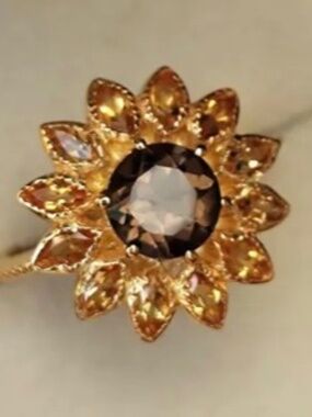 Smoky Quartz and Citrine Sunflower Engagement Ring 8.5